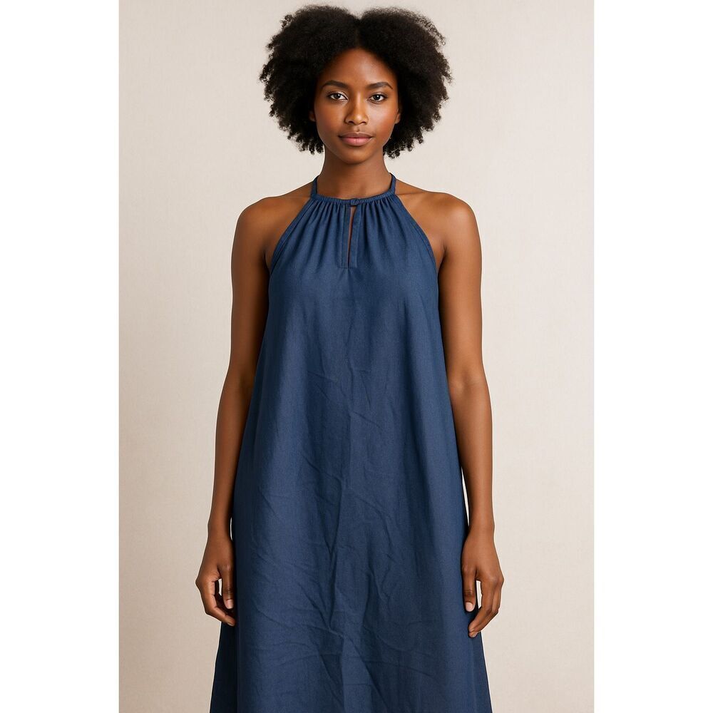 Mlle Gabriel Women's High Neck Sleeveless Mini Dress Size L Blue Keyhole Neck